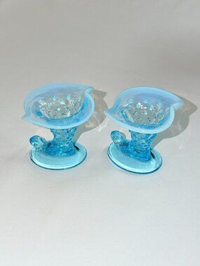 Fenton Blue Opalescent Hobnail Candle Holders Pair Vintage Art Glass Vintage